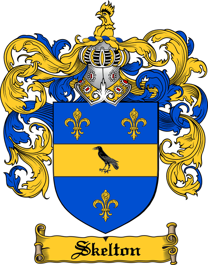 Stylized Skelton family coat of arms: azure shield, gold fleurs-de-lis, black chough on a gold fess, gold rooster crest